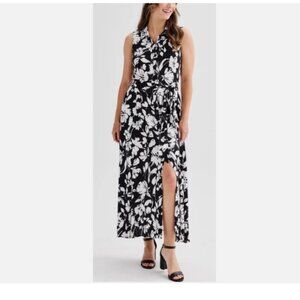 XS Ellen Tracy Black White Floral Shire Dress Sleeveless Button Belt Long Midi S